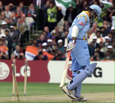 Sadagoppan Ramesh of India walks away from the wicket after being bowled out at Old Trafford on 08 June 1999 during the super six matches of the Cricket World Cup match in Manchester.