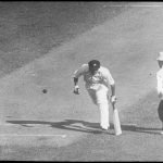 Don Bradman is almost run out at 101 in his innings of 169