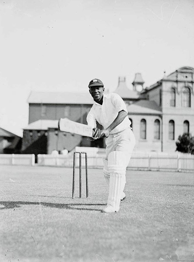 George Headley demonstrating his batting technique during the West Indian cricket team's 1930–31 tour of Australia.