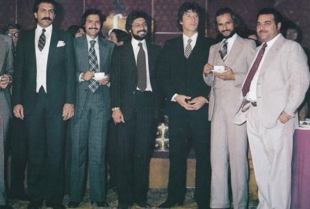 Asif Masood, Shafique Ahmad, Wasim Raja, Imran Khan, Taslim Arif and sports journalist Munir Hussain at Raja’s wedding. in 1981