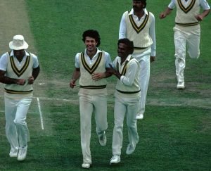 Imran Khan Pakistan celebrates after forcing England to follow-on in the 2nd Test of the 1982 series. Pakistan won the Test – its first against England in England since 1954!