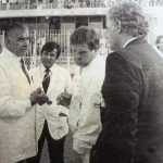 Faisalabad Test 19877-88 – England Manager Peter Lush tries to bring Shakoor Rana and Mike Gatting together, however Umpire Shakeel Khan looks on. You can also see Neil Fairbrother in the background.
