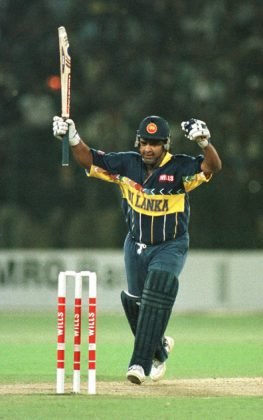 17 March 1996: Sri Lanka captain Arjuna Ranatunga celebrates victory in the Cricket World Cup Final between Australia and Sri Lanka played at the Gaddafi stadium in Lahore. Mandatory Credit: Ross Kinnaird/ALLSPORT
