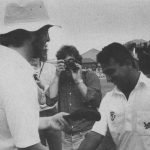 Ian Botham giving cap to Sunil Gavaskar during his one season of county cricket, 1980