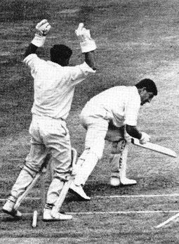 A surprise for Ken Barrington. He is bowled by Chandrasekhar when only three runs short of a hundred