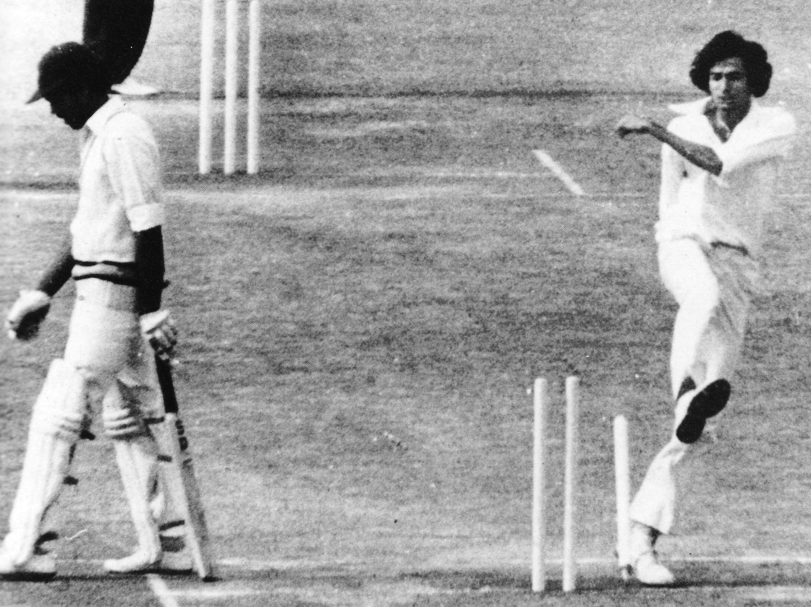 Sikander Bakhat petulantly boots a stump out of the ground after being refused an appeal against Vengsarkar in the Kanpur Test match.