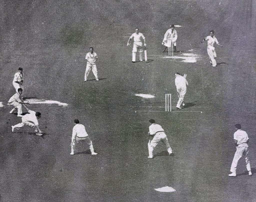 the Oval in 1954 and Pakistan on their way to their historic victory - Len Hutton has just got the ball past leg gully from Mahmood Hussain, who was no Harold Larwood, but he was no slouch either