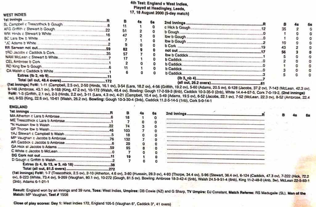 Scorecard - Eng v WI Fourth Test at Leeds in 2000