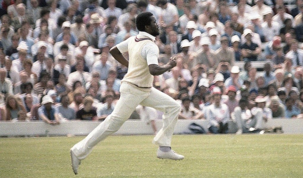Malcolm Marshall bustling in from the Nursery End in the opening overs of the 1983 World Cup final