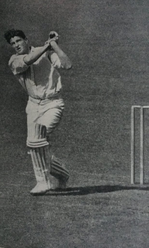 Keith Miller batting at Lord's in 1948 - according to EHD Sewell this shot came within a few inches of emulating Albert Trott's still unequalled 1899 feat of clearing the Lord's pavilion