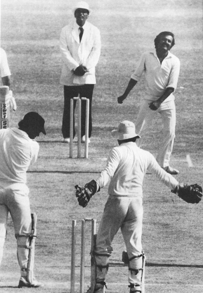 Greg Ritchie is bowled by Iqbal Qasim for 17 in the 2nd innings, Ist Test Match 1982-83 at Karachi