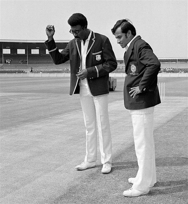 Clive Lloyd and Anura Tennekoon toss before their opening World Cup match at Old Trafford on June 7th 1975. Sri Lankans bowled out for 86. The game was finished by 3.30 so a 20-over-a-side exhibition match was staged to keep spectators entertained