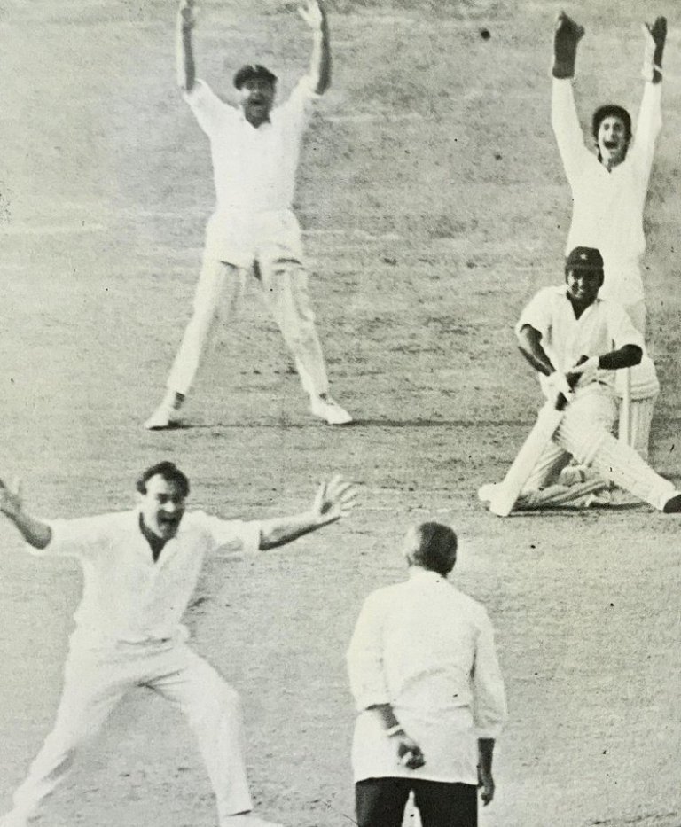 Mushtaq Mohammad gets in a mess here against Ray Illingworth at Headingley and the lbw appeal of Illy, Alan Knott and Colin Cowdrey in 1970 - Copy