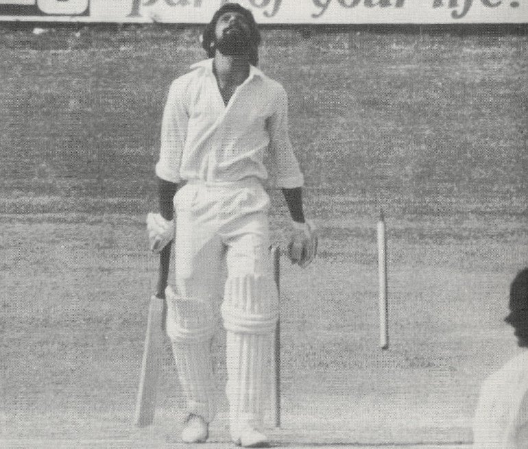 Wasim Raja loses his off stump to Colin Croft in the 2nd Test in Trinidad in March 1977. He scored 65 and top scored in five of the ten Pakistan innings in the series, but West Indies edged the rubber 2-1