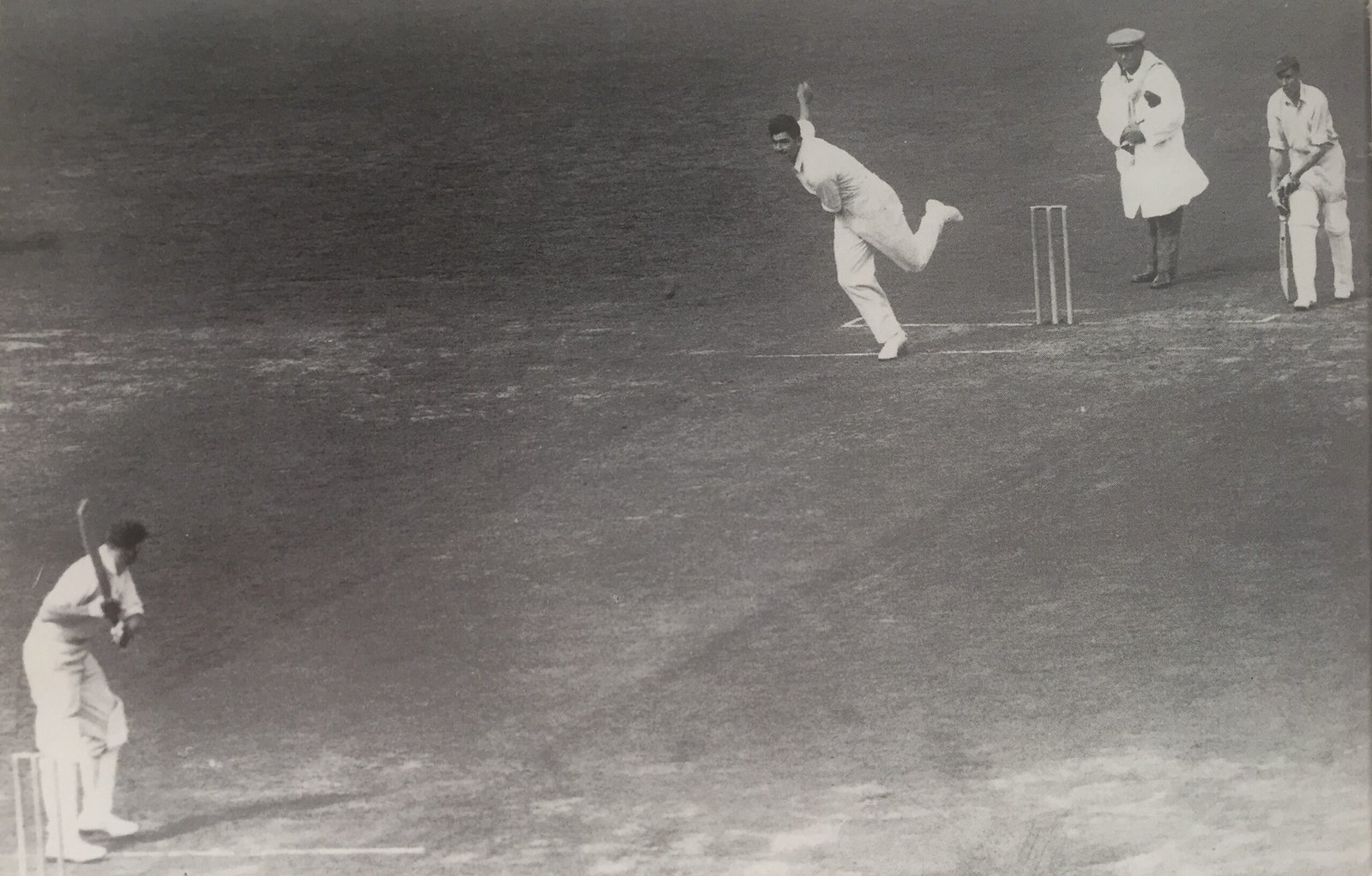 Bill Voce was yards slower than his strike partner Harold Larwood, but his line and the bounce his height enabled to him to extract meant that batsmen, like the non-striker in this one, were in no hurry to face him