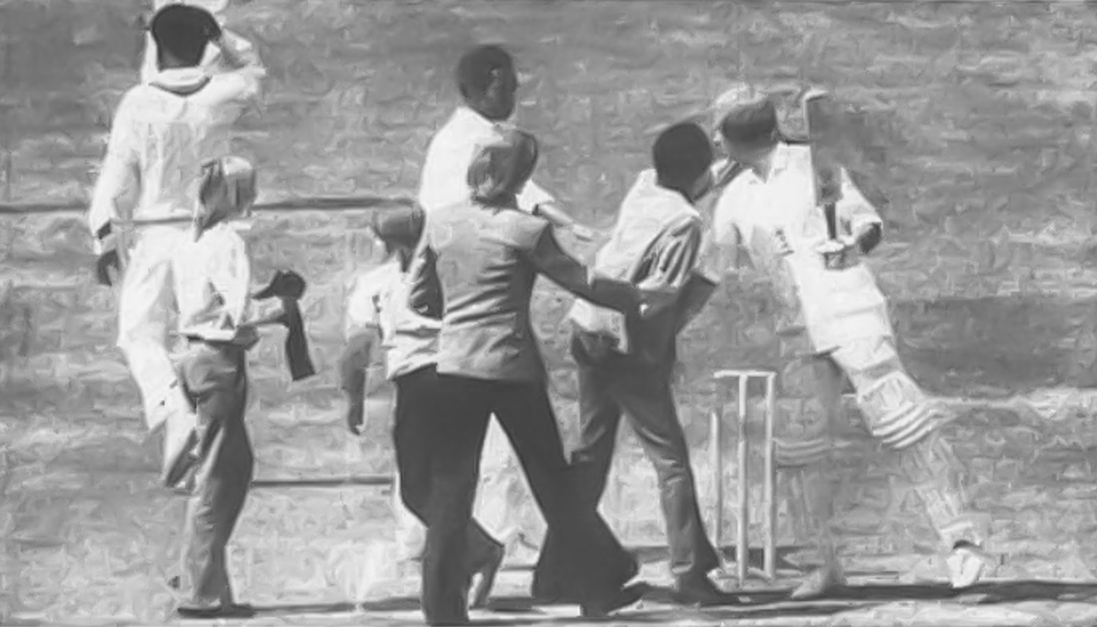 Frank Hayes is congratulated by spectators on reaching his hundred in the second innings of his Test debut, England v West Indies, 1st Test, The Oval, July 31st 1973.
