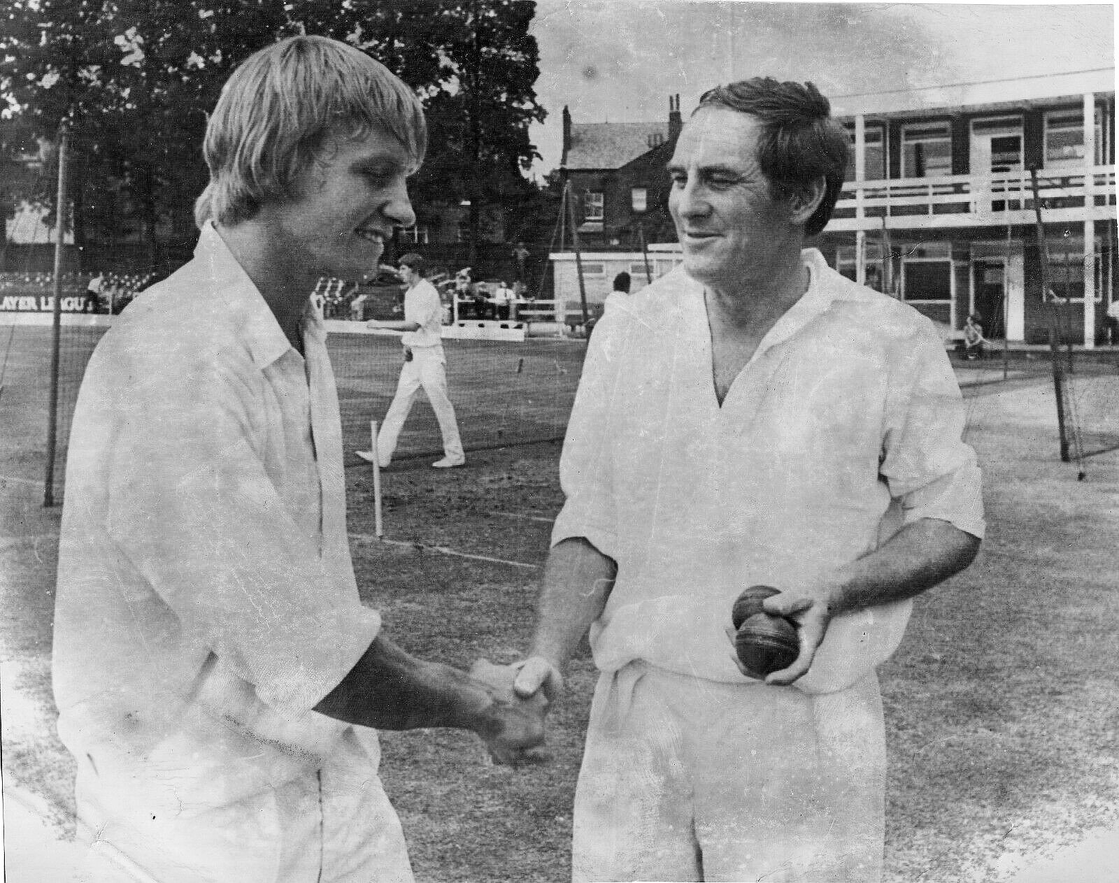 Ray Illingworth shakes hands with Frank Hayes at Leeds in July 1973. Hayes had been called into the squad for the 3rd Test v NZ at Headingley but did not play.