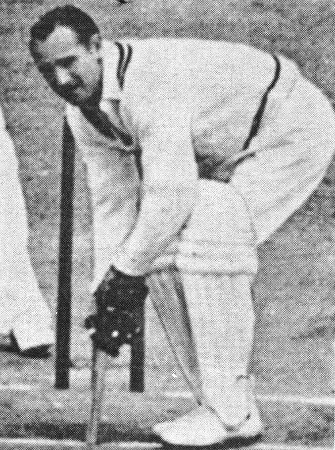 Sid Barnes another prank, by taking guard with a miniature bat in the Bradman Testimonial match.