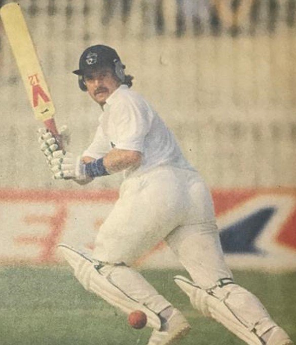 Dasher Allan Lamb decks the West Indies at Gujranwala in a match of the 1987 World Cup: