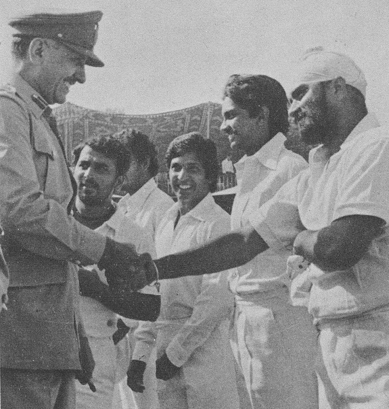Lt. General Sawar Khan was introduced to the Indian team before the start of Pakistan vs India First Test at Faisalabad in 1978