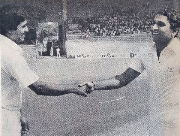 Nice and neighbourly - Bandula Warnapura and Sunil Gavaskar the rival captains share a laugh before th3e start of the Test in Madras in 1983