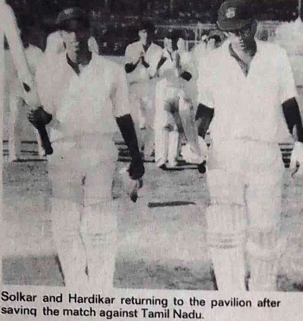 Grabbing the half chance: A Word from Maestro 25 Solkar and Hardikar returning to the pavilion after saving the match against Tamil Nadu. Grabbing the half chance: A Word from Maestro